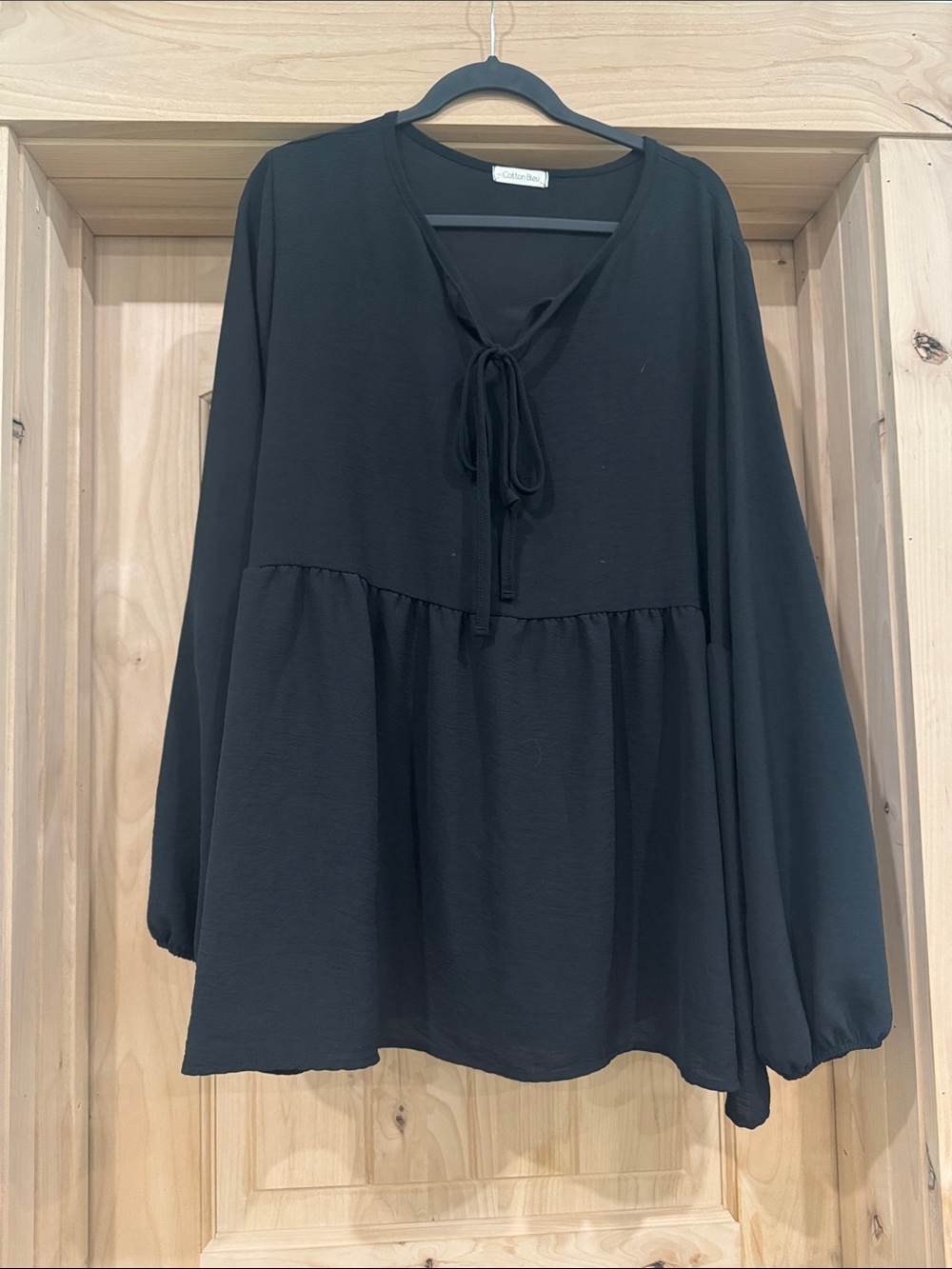 Black Tie-Neck Babydoll Blouse